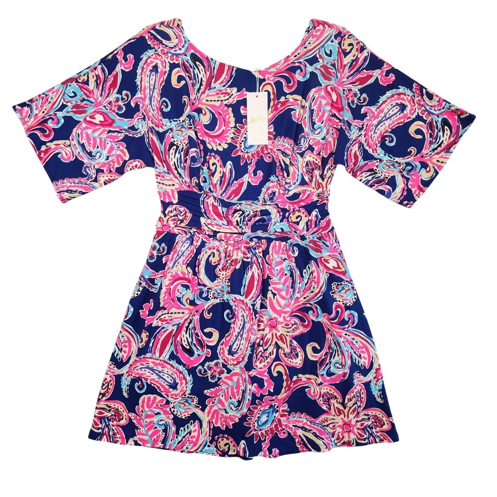 Lilly Pulitzer Parigi Boat Neck Romper Womens Small Navy Pink Paisley Floral NEW